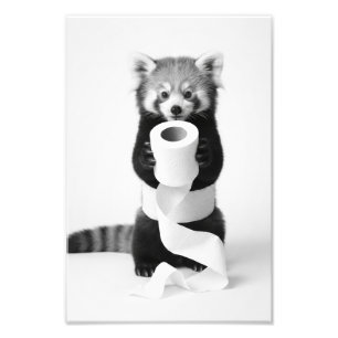 Adorable Red Panda Holding Toilet Paper Minimalist Photo Print