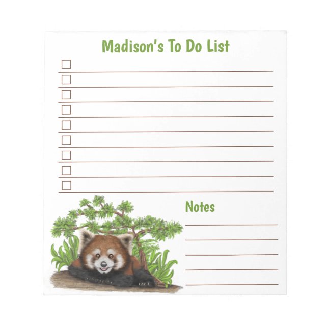 Adorable Red Panda Kids Personalised To Do List Notepad (Front)