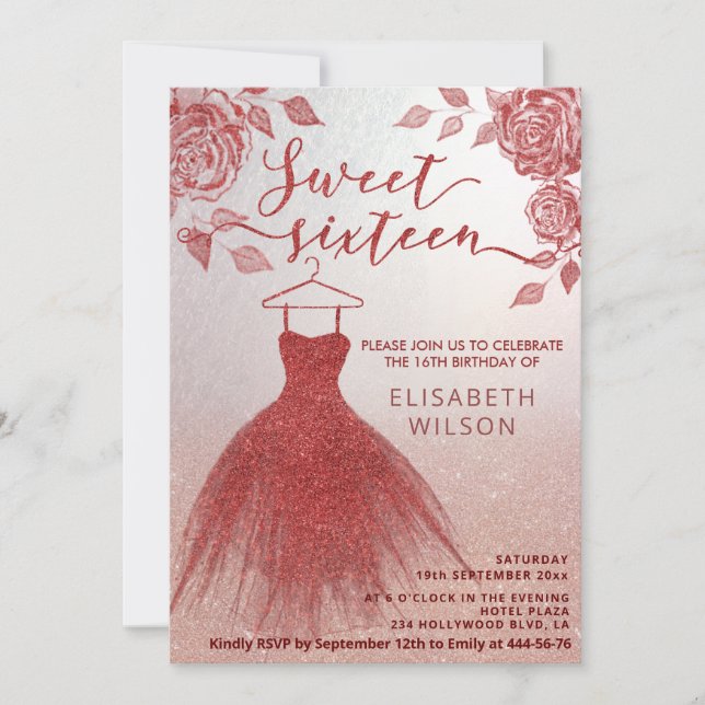 Adorable Red roses red glittery dress  Invitation (Front)