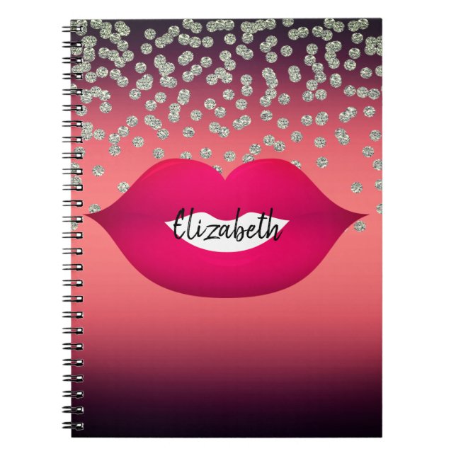 Adorable  Red Shiny Foil  Confetty, Diamond,Lips Notebook (Front)