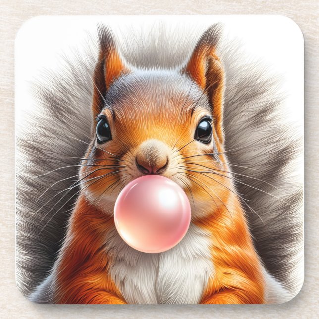 Adorable Red Squirrel Blowing Bubble Gum Nursery Coaster (Front)