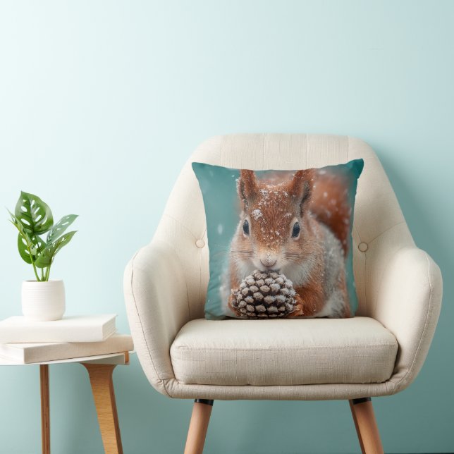 Adorable Red Squirrel in the Snow with a Pinecone Cushion (Chair)