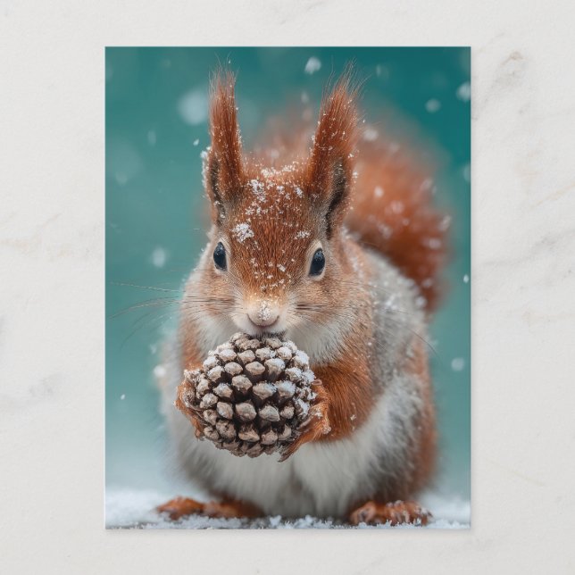 Adorable Red Squirrel in the Snow with a Pinecone Postcard (Front)
