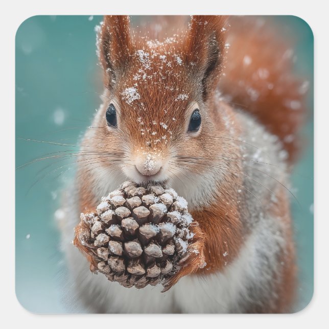 Adorable Red Squirrel in the Snow with a Pinecone Square Sticker (Front)