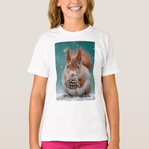 Adorable Red Squirrel in the Snow with a Pinecone T-Shirt