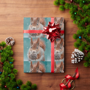 Adorable Red Squirrel in the Snow with a Pinecone Wrapping Paper