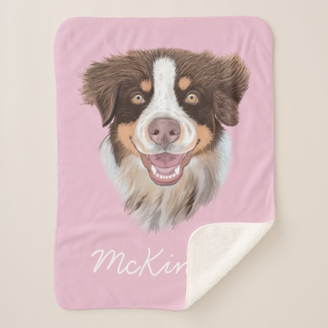 Adorable Red Tri Aussie | Pink | Personalised Sherpa Blanket (Front)
