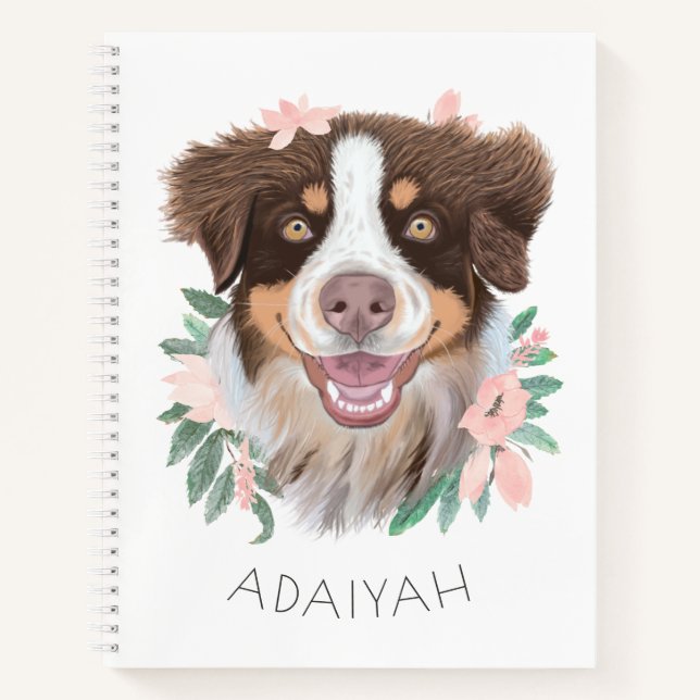 Adorable Red Tri Aussie with Flowers Personalised Notebook (Front)
