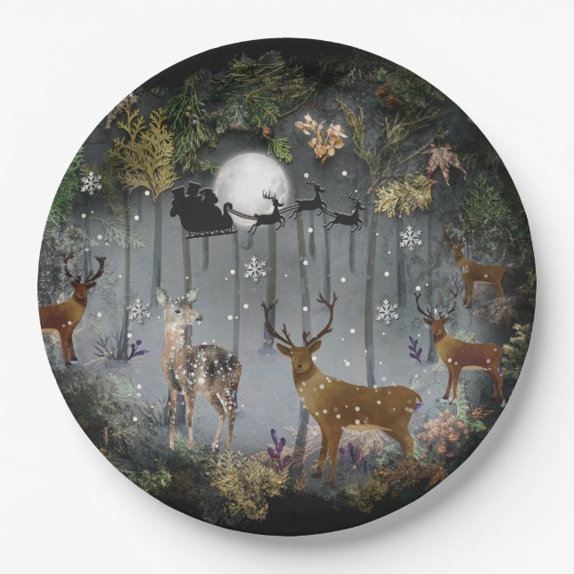 Adorable Reindeer At Night Paper Plate (Front)