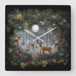 Adorable Reindeer At Night Square Wall Clock