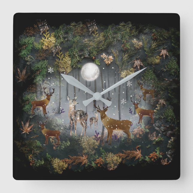 Adorable Reindeer At Night Square Wall Clock (Front)