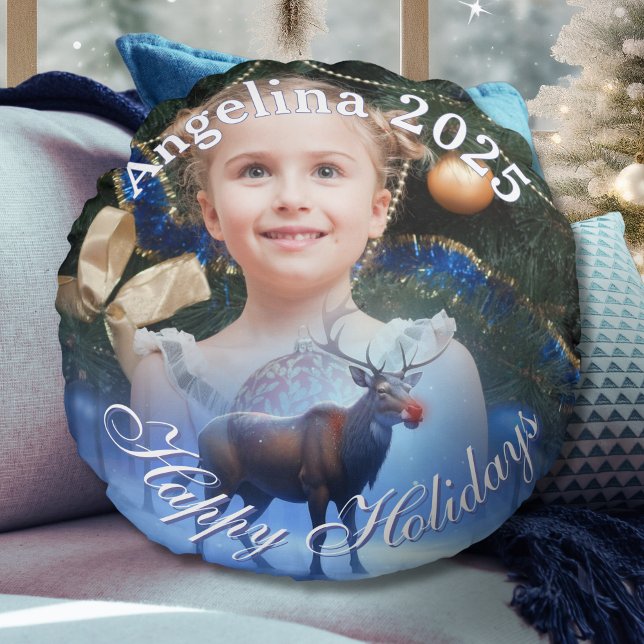 Adorable Reindeer Winter Wonderland Photo  Round Cushion (Creator Uploaded)