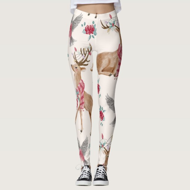 Adorable Reindeers,Birds,Flowers Leggings (Front)