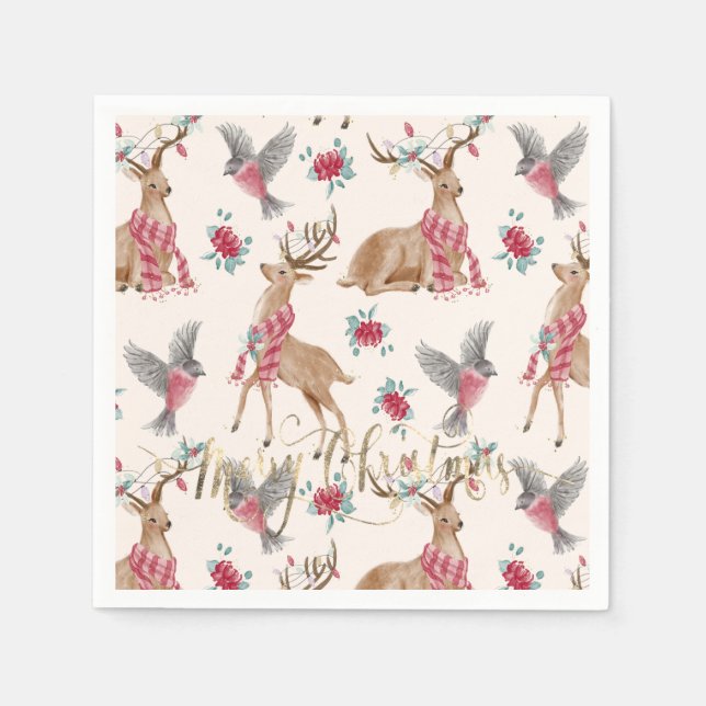 Adorable reindeers, birds, flowers napkin (Front)