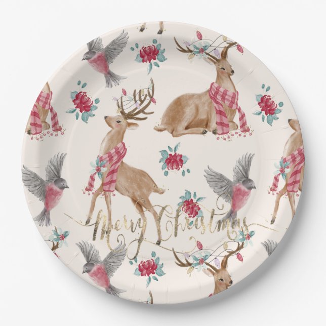Adorable reindeers, birds,flowers paper plate (Front)