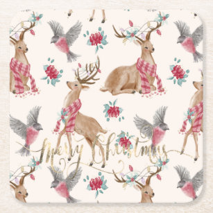 Adorable reindeers, birds, flowers square paper coaster