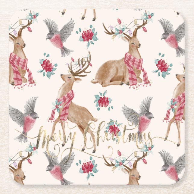 Adorable reindeers, birds, flowers square paper coaster (Front)