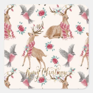 Adorable Reindeers, Birds, Flowers Square Sticker
