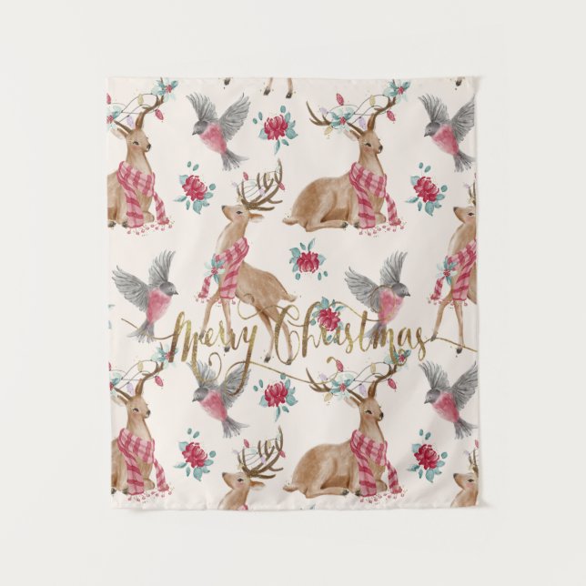 Adorable Reindeers, Birds, Flowers Tapestry (Front)