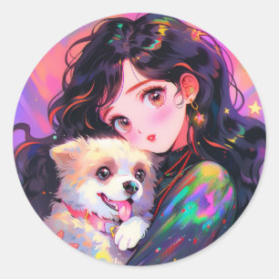 Adorable Retro Anime Girl & Her Dog Classic Round Sticker
