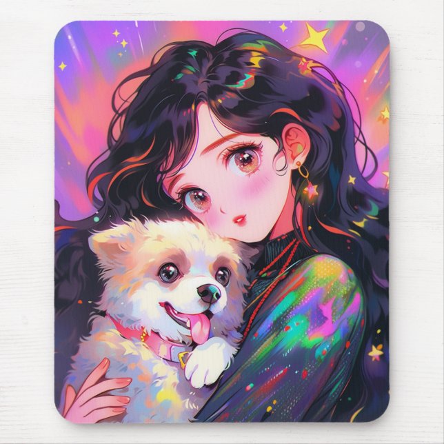 Adorable Retro Anime Girl & Her Dog Mouse Mat (Front)