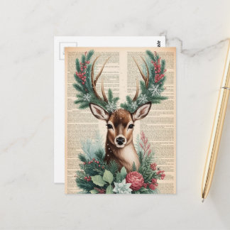 Adorable Retro Christmas Buck on Vintage Paper Postcard