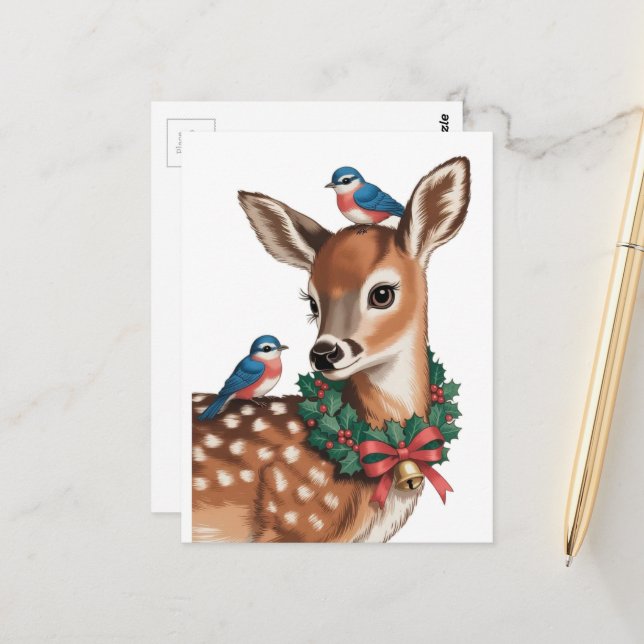 Adorable Retro Christmas Fawn Postcard (Front/Back In Situ)