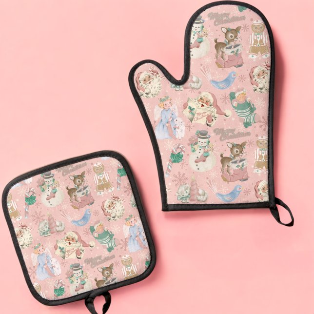 Adorable Retro Pink Green Christmas Oven Mitt Set (Creator Uploaded)