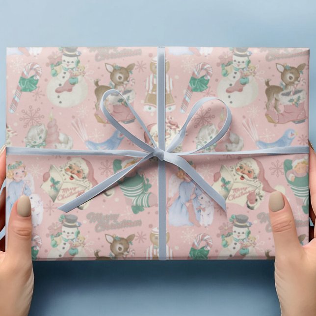 Adorable Retro Pink Green Christmas Wrapping Paper (Creator Uploaded)