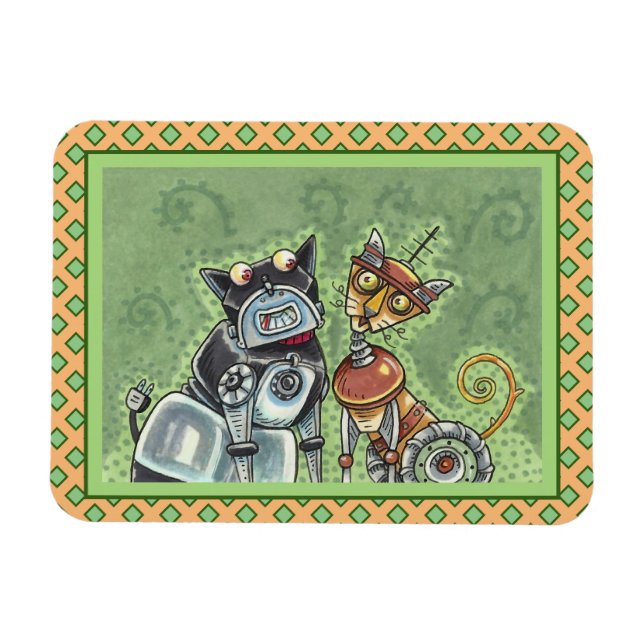 ADORABLE ROBOT BULLDOG AND FELINE FRIEND Funny Magnet (Horizontal)