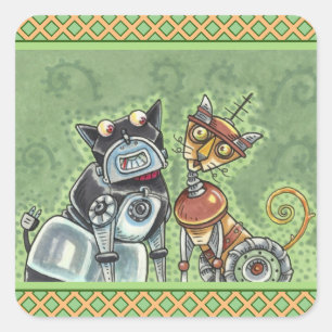 ADORABLE ROBOT BULLDOG & FELINE FRIEND Funny Square Sticker