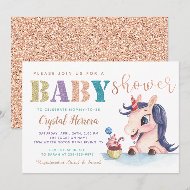 Adorable Rose Gold Glitter Unicorn Baby Shower Invitation (Front/Back)