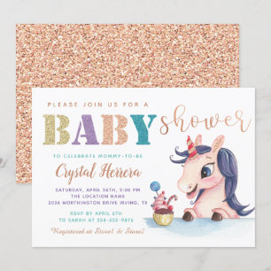 Adorable Rose Gold Glitter Unicorn Baby Shower Invitation