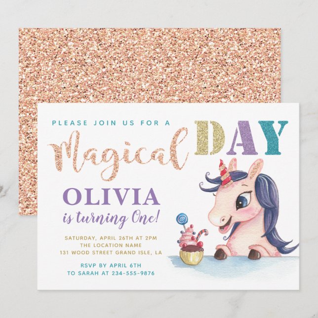 Adorable Rose Gold Unicorn Birthday Invitation (Front/Back)