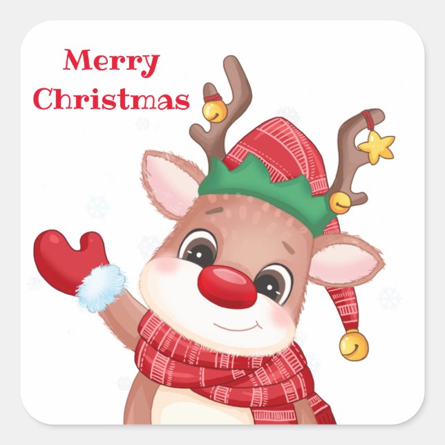 Adorable Rudolph The Red Nose Reindeer Christmas Square Sticker (Front)