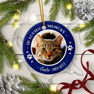 Adorable Rustic Cat Pet Memorial Custom Photo Blue Ceramic Tree Decoration
