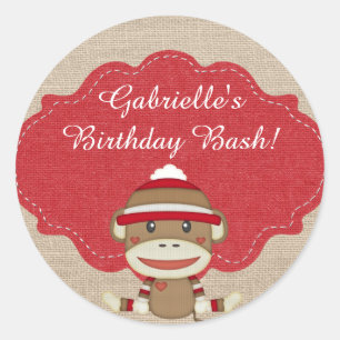Adorable Rustic Custom Sock Monkey Party Classic Round Sticker