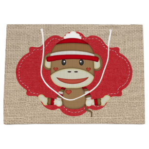 Adorable Rustic Custom Sock Monkey Party Large Gift Bag