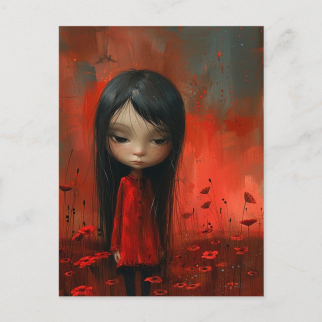 Adorable Sad Girl in a Poppy Meadow Postcard (Front)