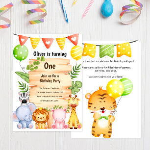 Adorable Safari Animals w/ Wooden Sign, Birthday Invitation