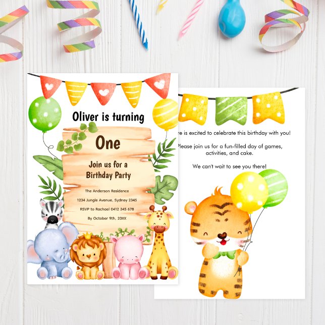 Adorable Safari Animals w/ Wooden Sign, Birthday Invitation (Creator Uploaded)