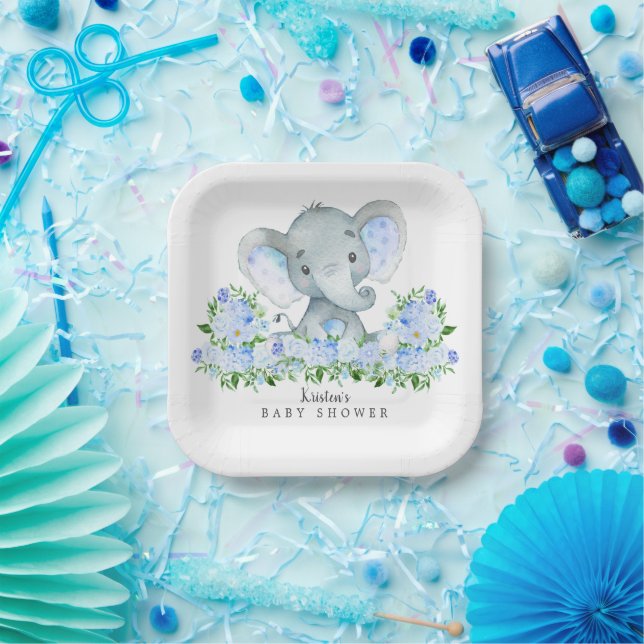 Adorable Safari Elephant Boys Baby Shower Paper Plate (Party)