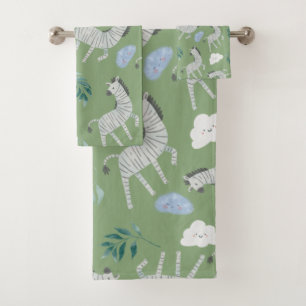 Adorable sage green safari zebra jungle pattern bath towel set