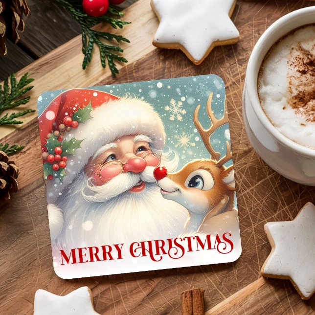 Adorable Santa and Rudolph Christmas Paper Coaster (Adorable Santa and Rudolph Christmas Paper Coasters)
