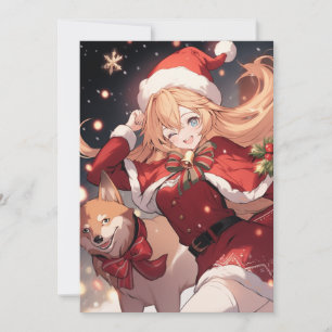 Adorable Santa Anime Girl and Christmas Shiba Dog Holiday Card