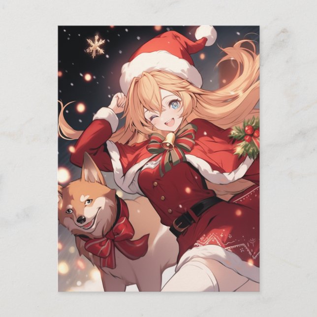 Adorable Santa Anime Girl and Christmas Shiba Dog Holiday Postcard (Front)