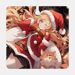 Adorable Santa Anime Girl Bag of Gifts and Pet Dog Metal Tree Decoration