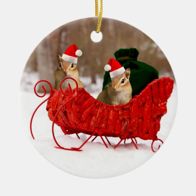 Adorable Santa Baby Chipmunks in Sleigh Ceramic Tree Decoration (Front)