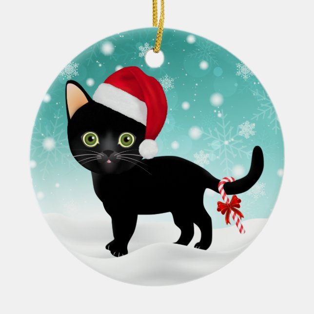 Adorable Santa Hat Black Kitty in Snow Ornament (Front)
