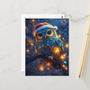 Adorable Santa Owl and Lights Postcard